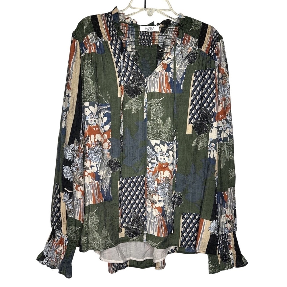Avara Geometric Floral Pattern‎ Long Sleeve Women's Top Green Blue Blouse Medium